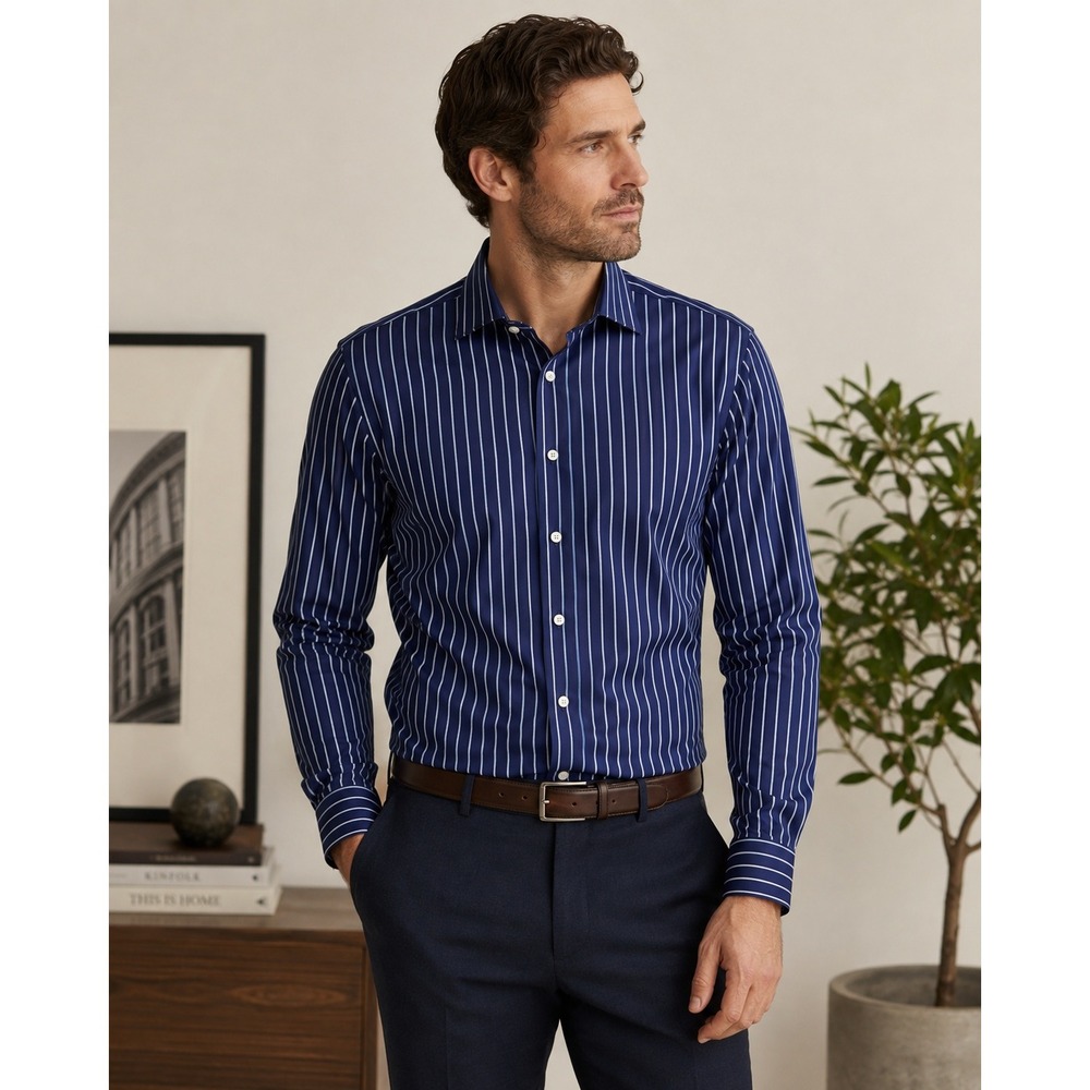 Austin Reed London Blue Stripe 2-Ply Cotton Dress Shirt Size Unmarked
